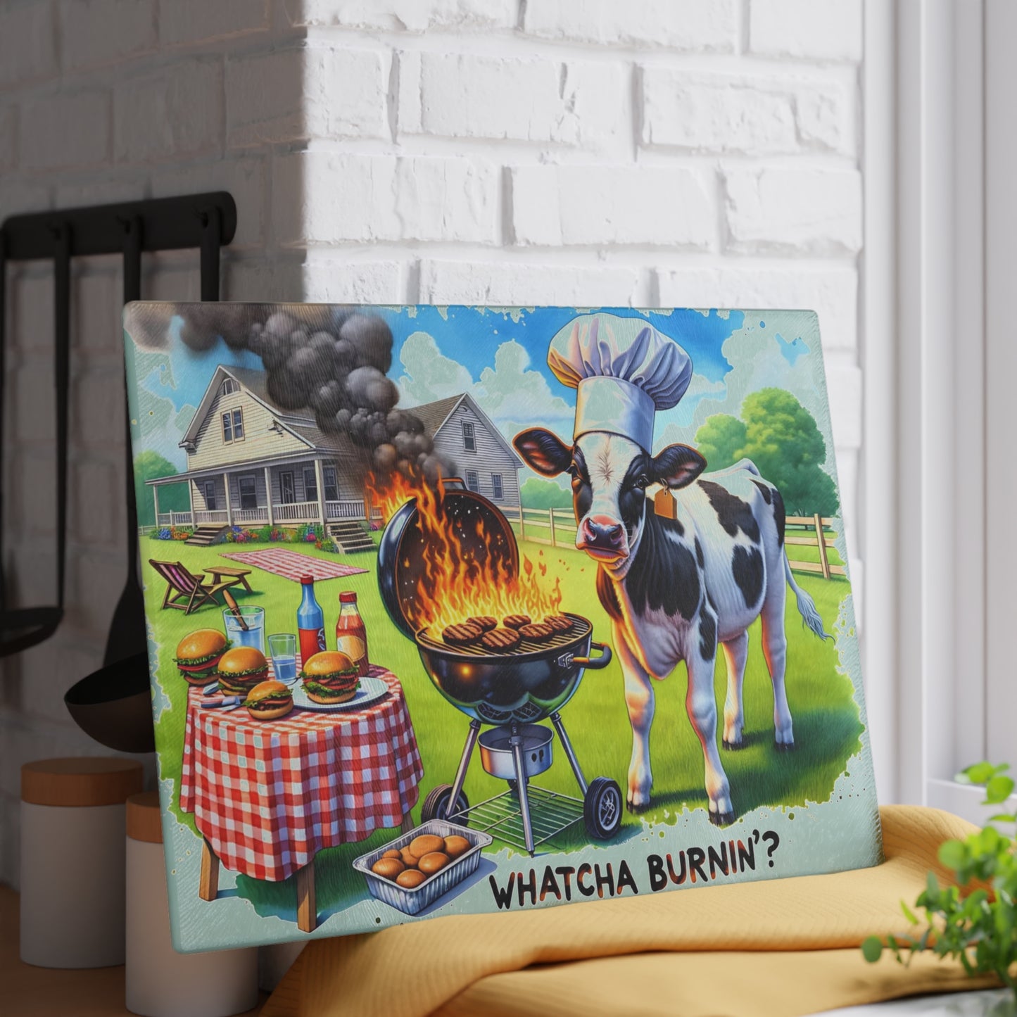 🐮🔥 “Whatcha Burnin’?” Glass Cutting Board – Cozy Charm for Your Kitchen