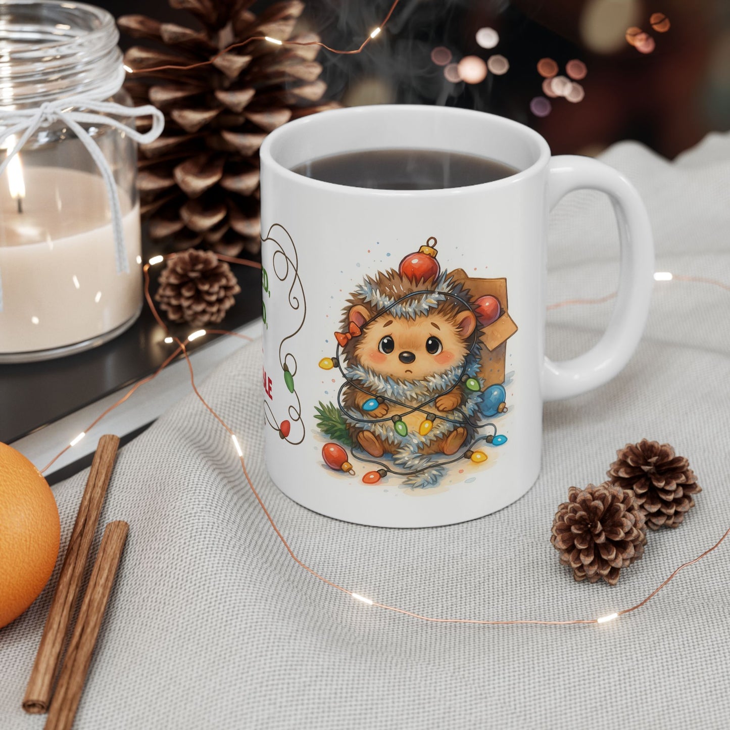 🦔🎄 Wrapped, Tangled, Still Adorable Hedgehog Mug – Cute Christmas Coffee Cup ✨☕
