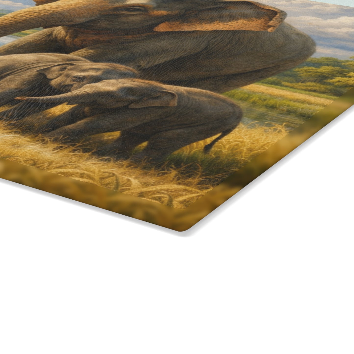 Elephant Family River Meadow Glass Cutting Board – Peaceful Wildlife Landscape Kitchen Art