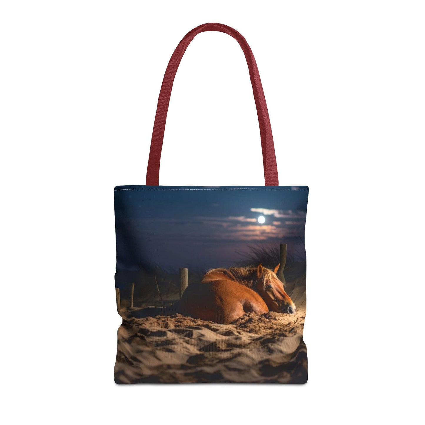 Bolsa de tela "Caballo durmiendo en la playa bajo la luz de la luna": una escapada serena a cada paso