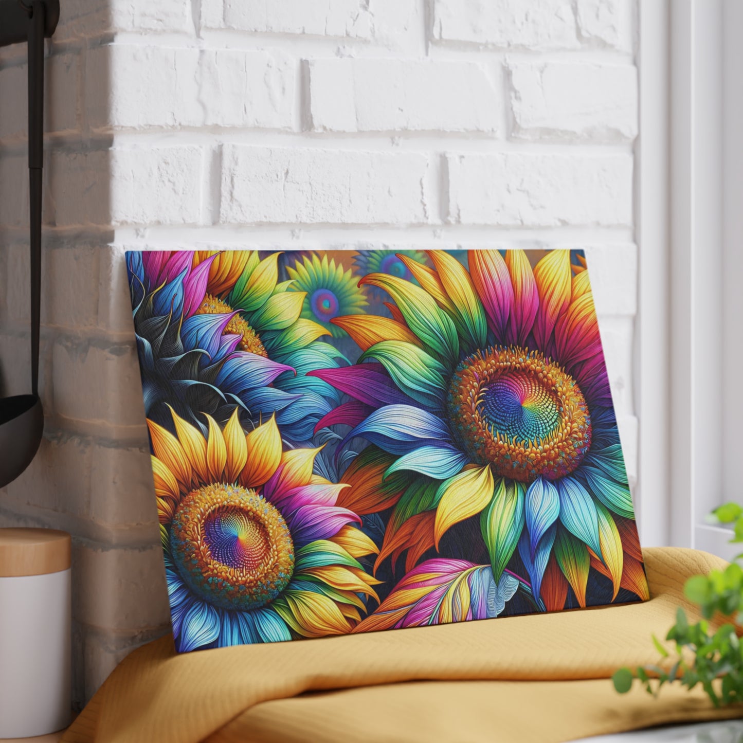 Rainbow Sunflower Glass Cutting Board – Colorful Farmhouse Kitchen Decor