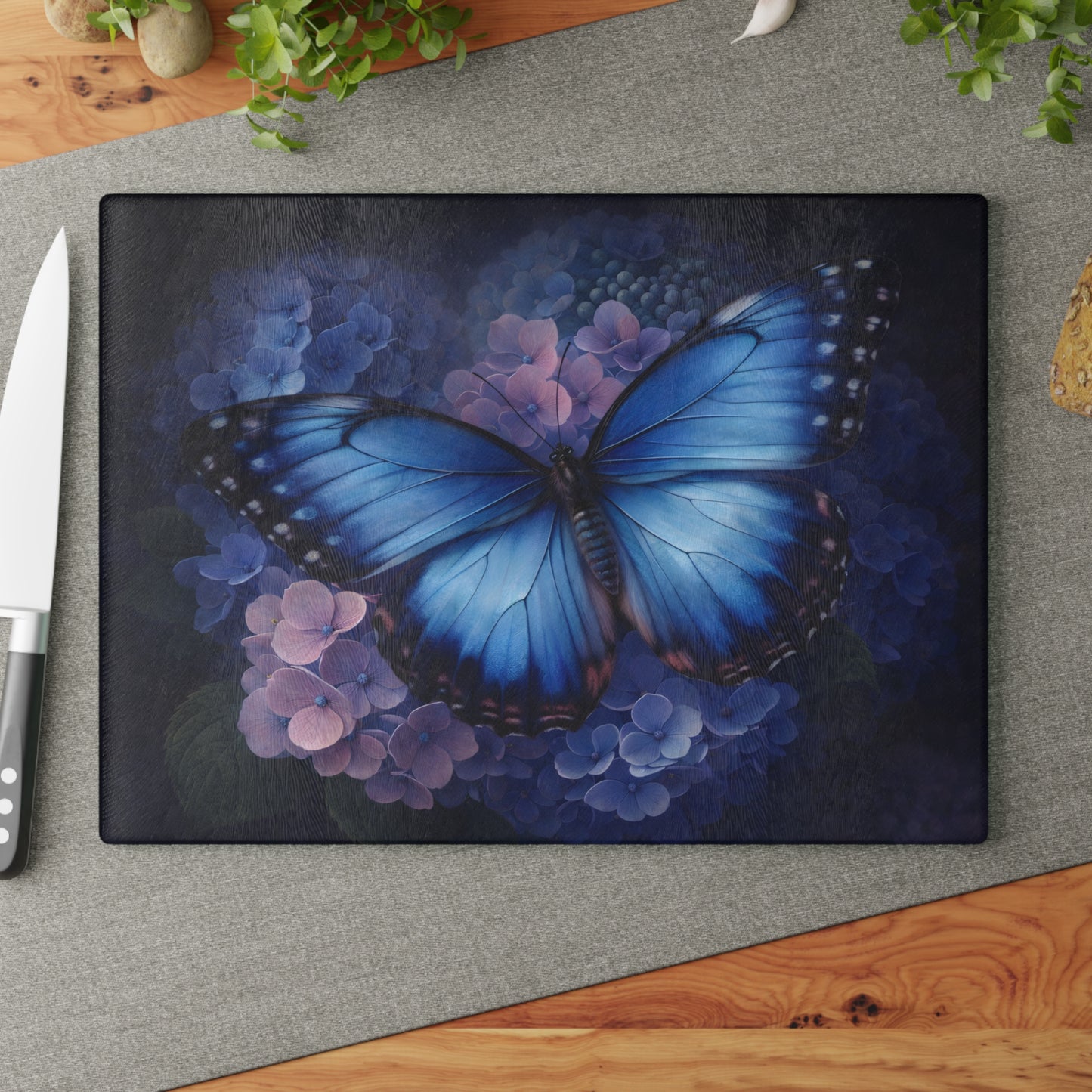 Blue Butterfly & Hydrangea Glass Cutting Board – Elegant Floral Butterfly Kitchen Art