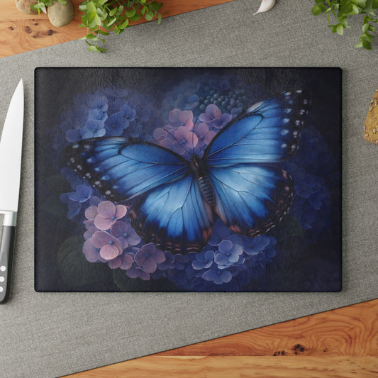 Blue Butterfly & Hydrangea Glass Cutting Board – Elegant Floral Butterfly Kitchen Art