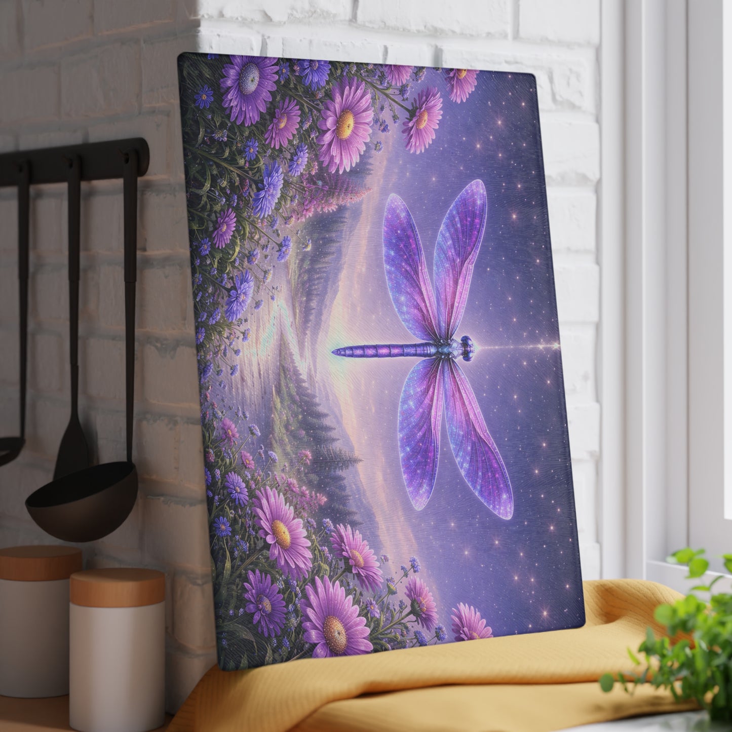 Celestial Dragonfly Glass Cutting Board – Purple Fantasy Floral Night Sky Kitchen Display