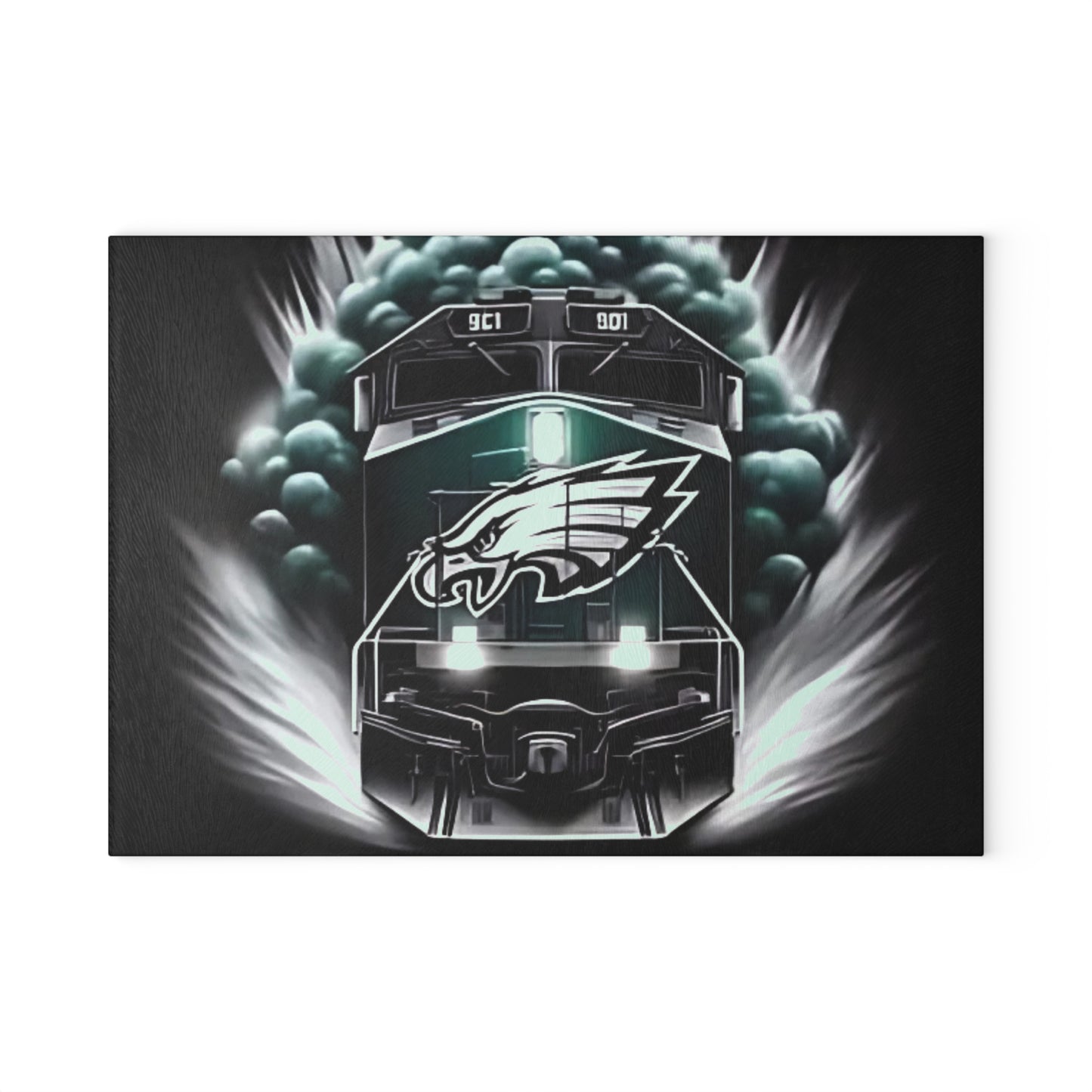 Dark Green & Silver Express Glass Cutting Board – Gritty Train Art for Bold & Timeless Kitchens