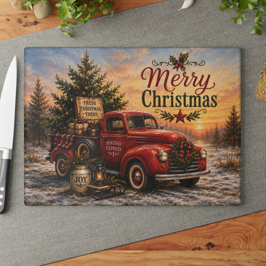 Merry Christmas Vintage Red Truck Glass Cutting Board – Rustic Farmhouse Holiday Kitchen Decor