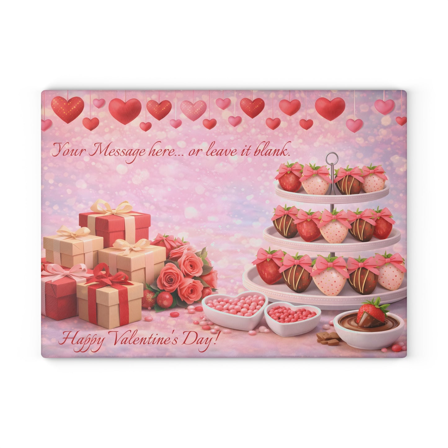 Chocolate-Covered Strawberry Valentine Glass Cutting Board – Personalized Romantic Dessert Display