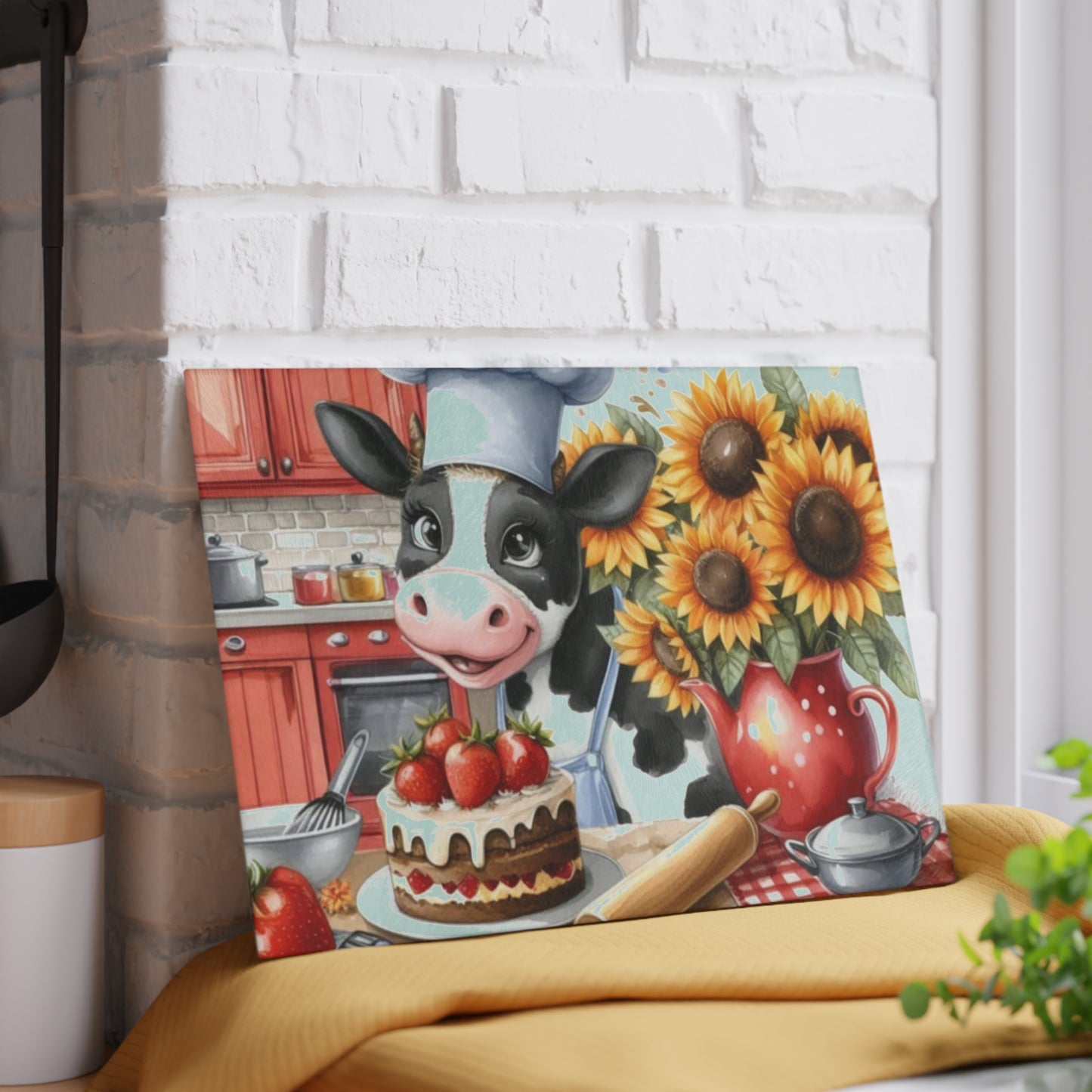 🐄 Baking Cow with Strawberries & Sunflowers Cutting Board – Whimsical Farmhouse Kitchen Fun 🍓🌻