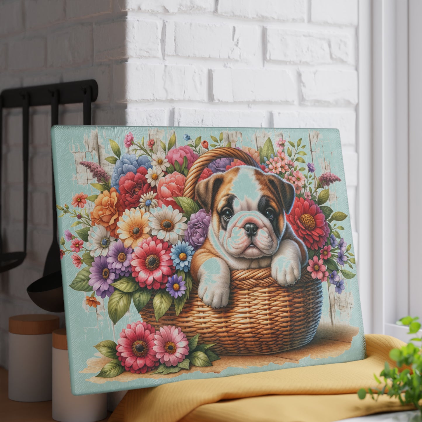 🐾 English Bulldog in Bloom Basket Cutting Board – Rustic Elegance for Your Kitchen 🌺