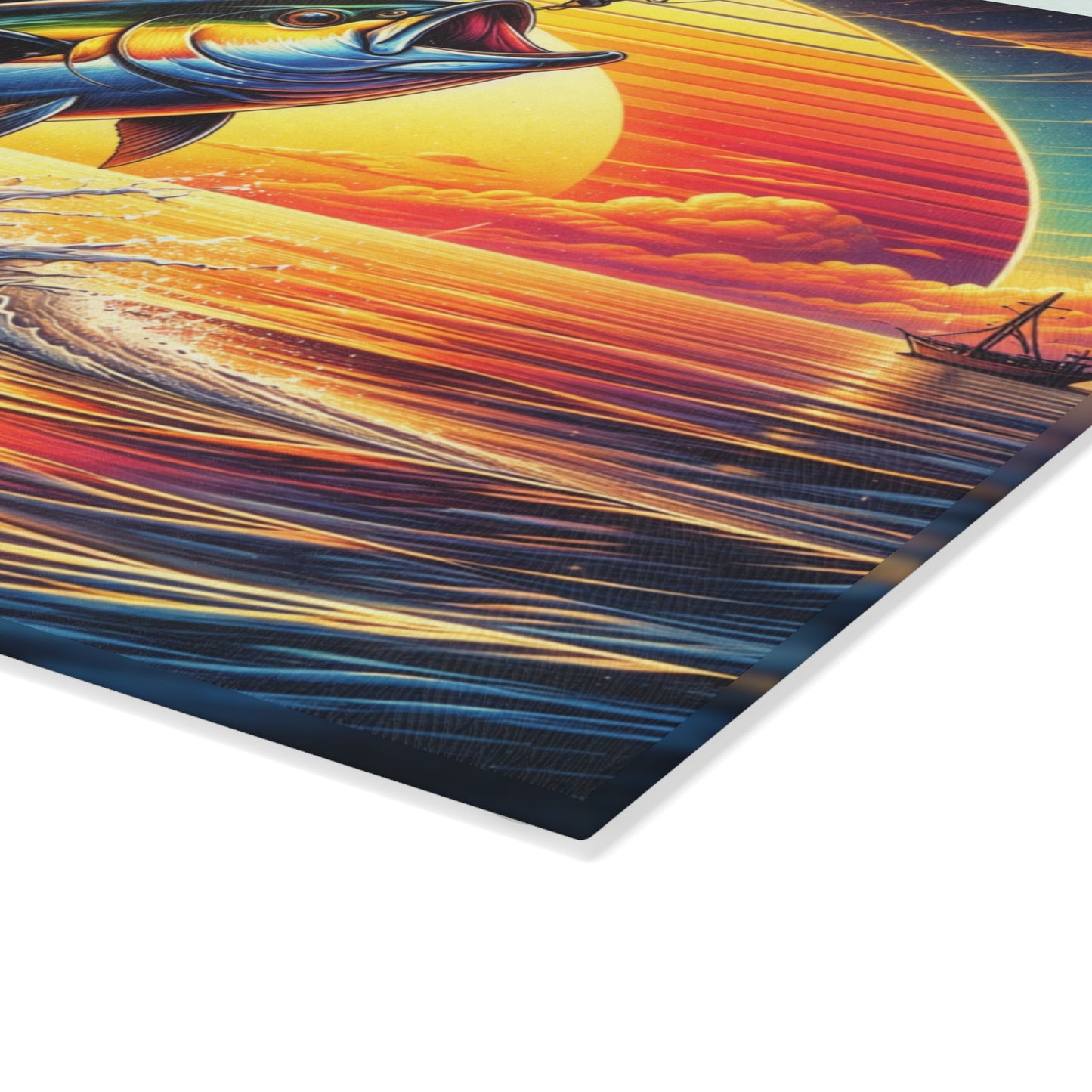 Retro Sunset Fishing Glass Cutting Board – Vibrant Ocean Angler Kitchen Art