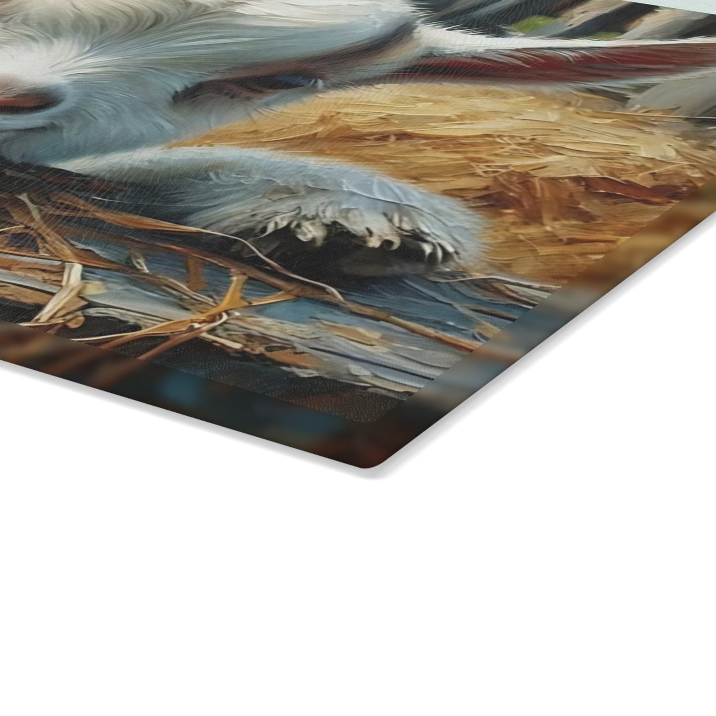 Rustic Baby Goat Glass Cutting Board – Farmyard Charm with Hay & Cozy Detail