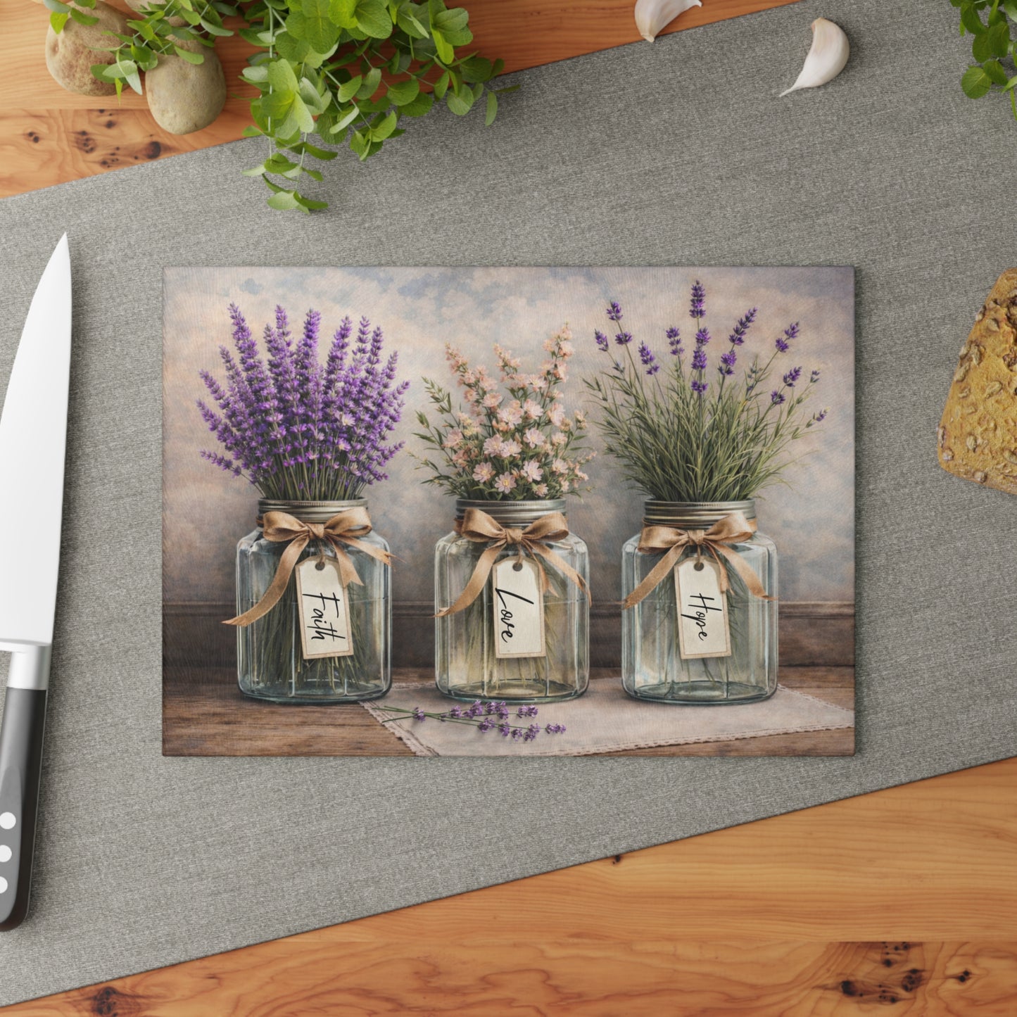 Faith Love Hope Glass Cutting Board – Rustic Mason Jar Florals with Lavender and Soft Pastels
