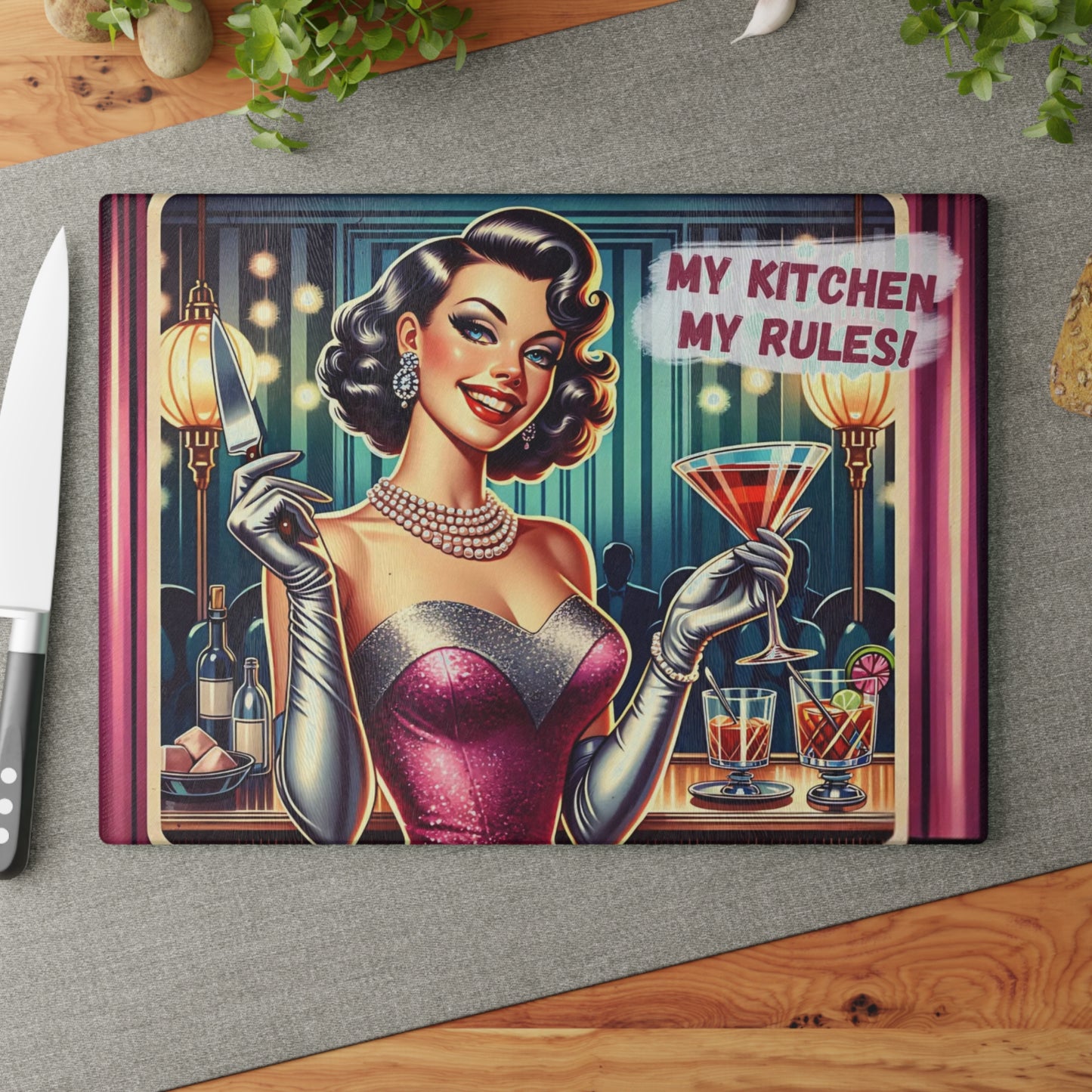 🍸💋 “My Kitchen, My Rules!” Retro Glam Glass Cutting Board – Sassy Vintage Bar Vibes