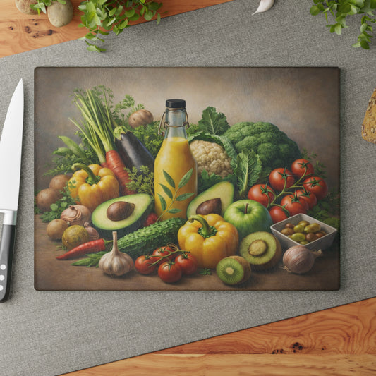 Garden Harvest Still Life Glass Cutting Board – Rustic Vegetable & Fresh Produce Kitchen Art
