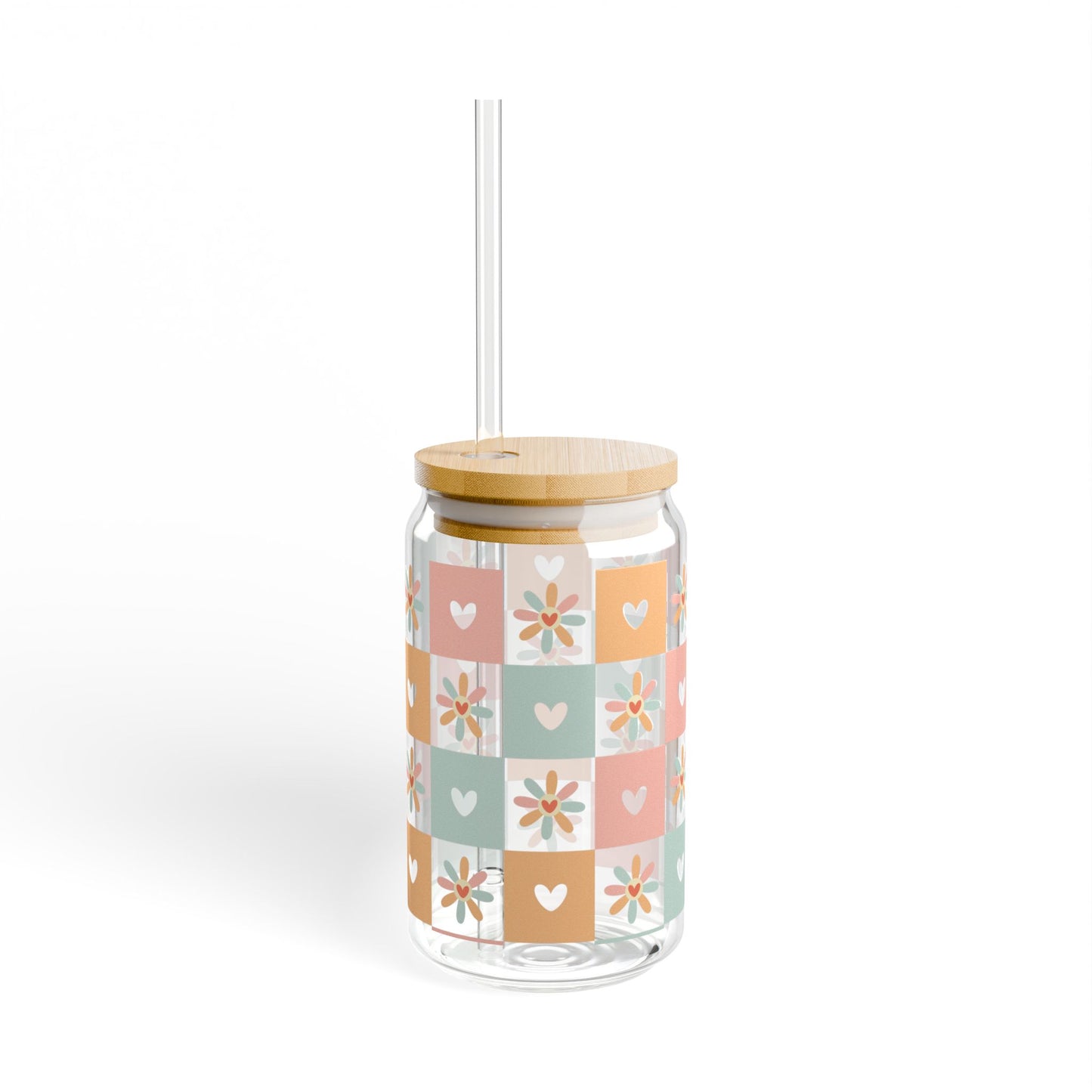 🧡🌼 Pastel Hearts & Flowers Sipper Glass – Retro Charm for Every Sip 💗✨
