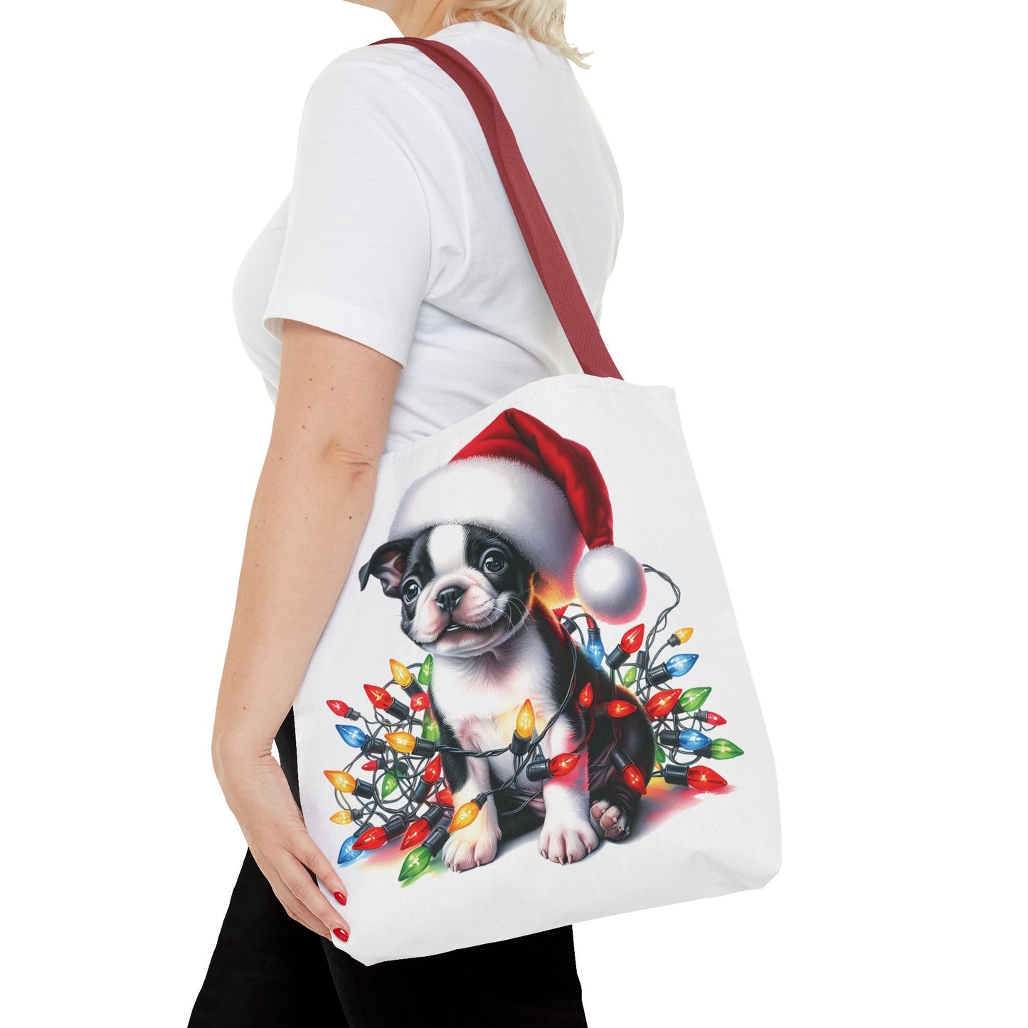 👜 Boston Terrier Christmas Lights Tote Bag – Holiday Sparkle Meets Puppy Love 🎄