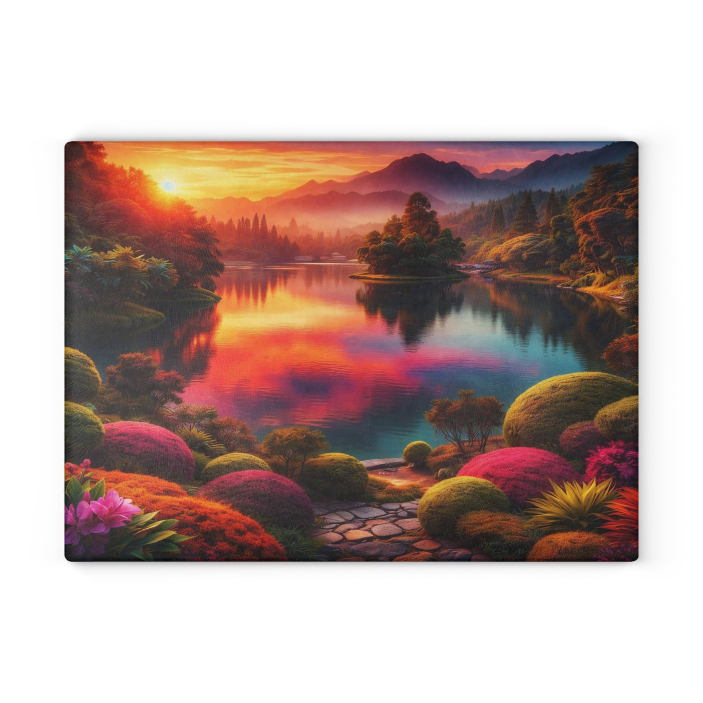 Sunset Garden Lake Glass Cutting Board – Vibrant Nature Landscape Kitchen Art