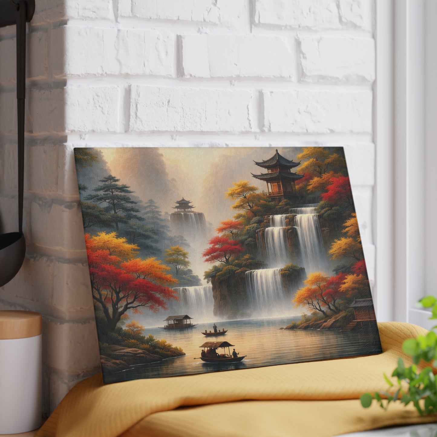 Asian Waterfall Landscape Glass Cutting Board – Serene Mountain Temple Kitchen Art