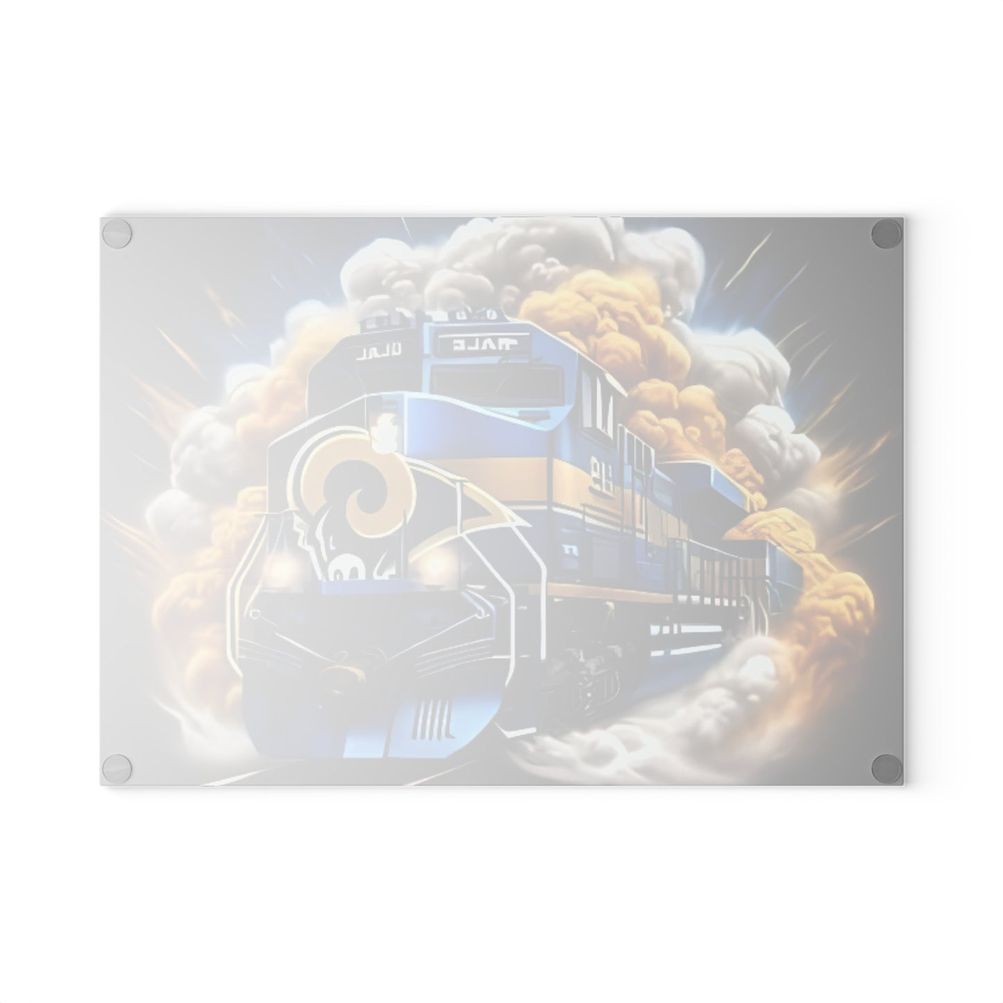 Royal Blue & Yellow Express Glass Cutting Board – High-Energy Train Art for Bright, Bold Kitchens