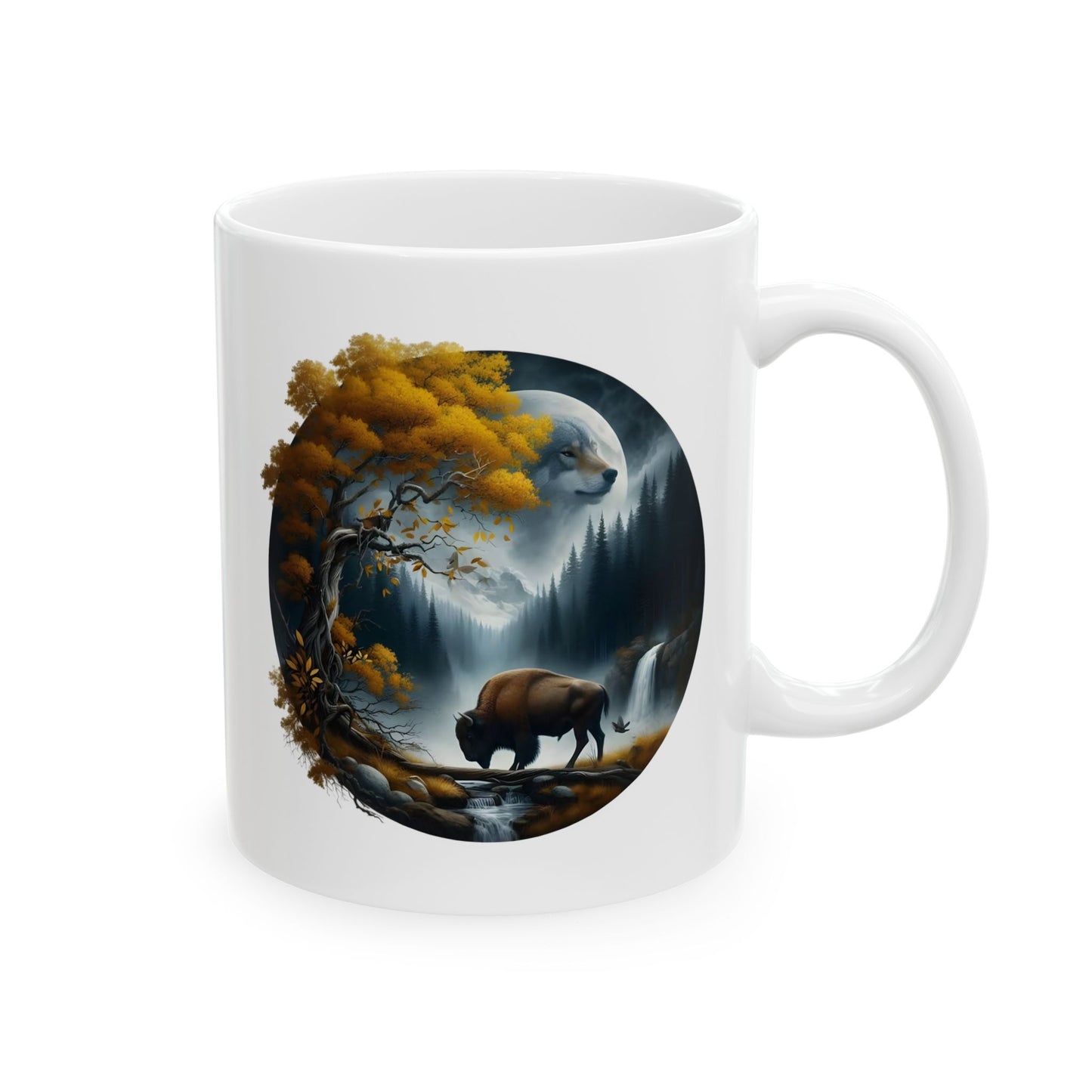 🌙🐂 Wolf & Buffalo Spirit Mug – Autumn Nature Coffee Cup ☕🌲