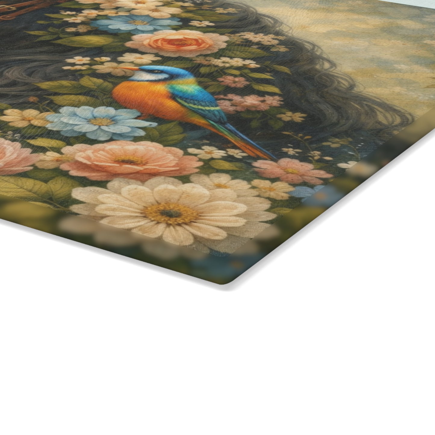 Floral Horse Glass Cutting Board – Elegant Country Farmhouse Kitchen Decor with Birds and Garden Flowers