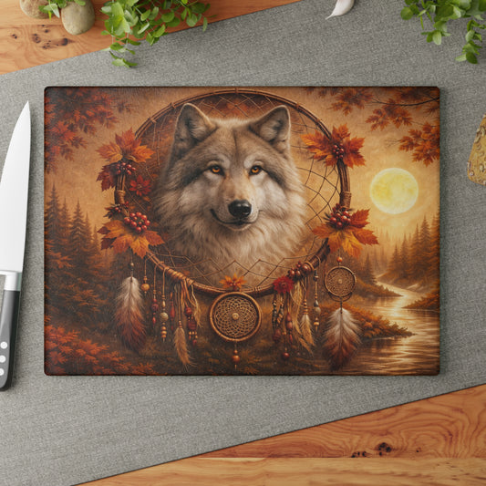 Autumn Wolf Dreamcatcher Glass Cutting Board – Rustic Woodland Wildlife Kitchen Art