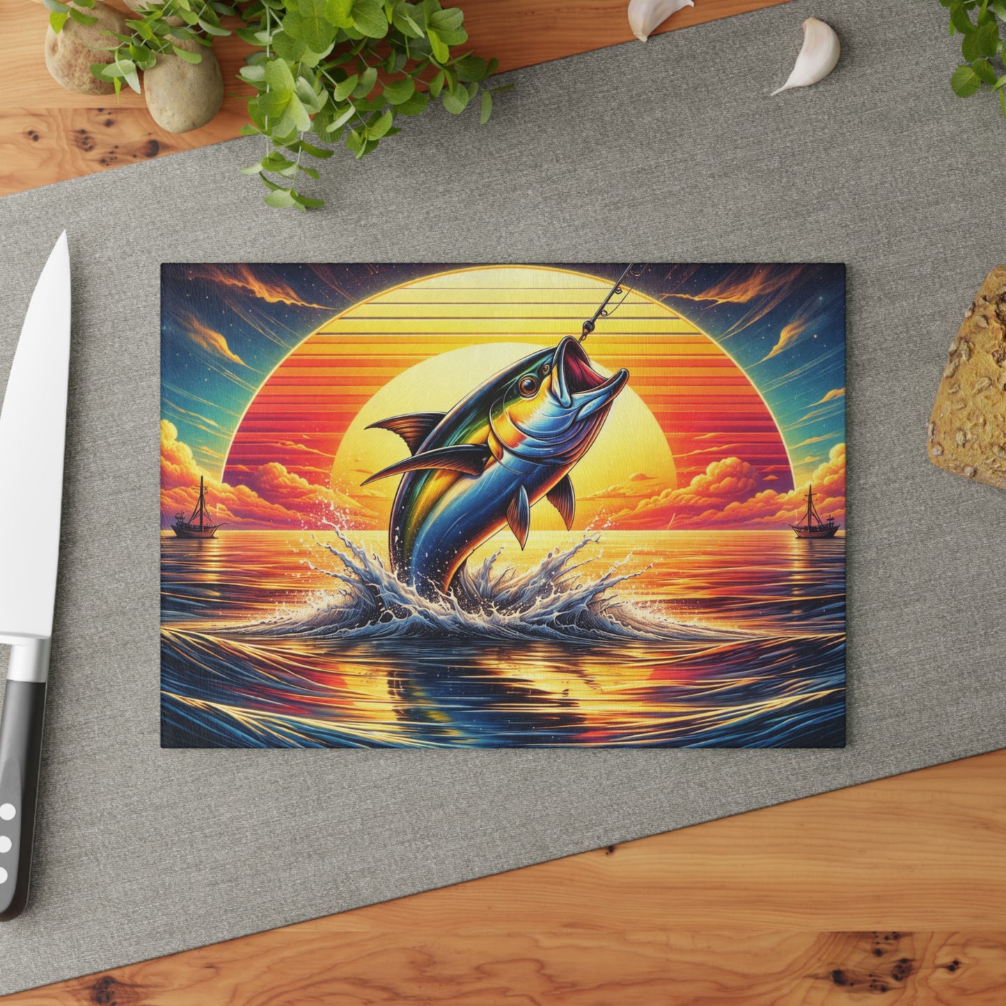 Retro Sunset Fishing Glass Cutting Board – Vibrant Ocean Angler Kitchen Art