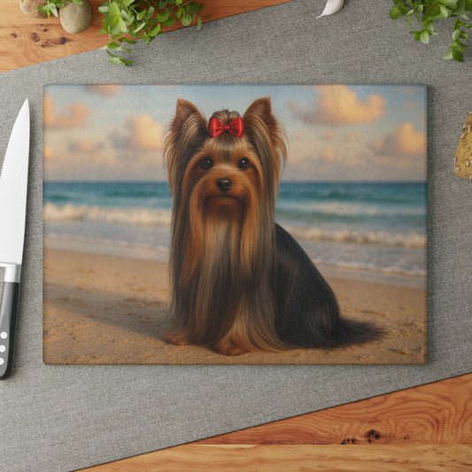 🐾🌊 Yorkie at the Beach Cutting Board – Coastal Glamour for Your Kitchen 🌴
