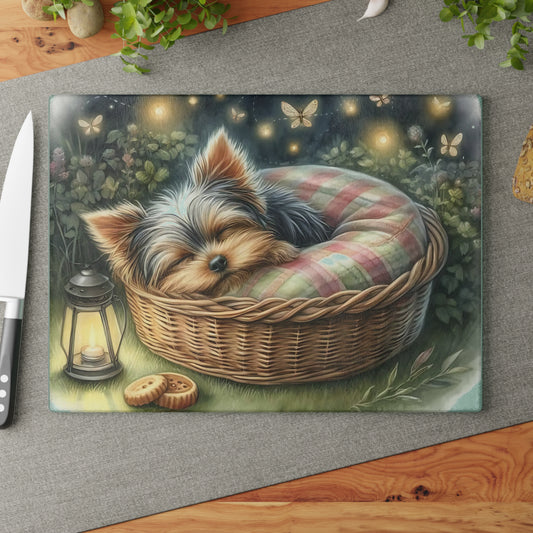 🐾✨ Sleeping Yorkie in Basket Cutting Board – Dreamy Garden Charm for Your Kitchen 🌙🕯️