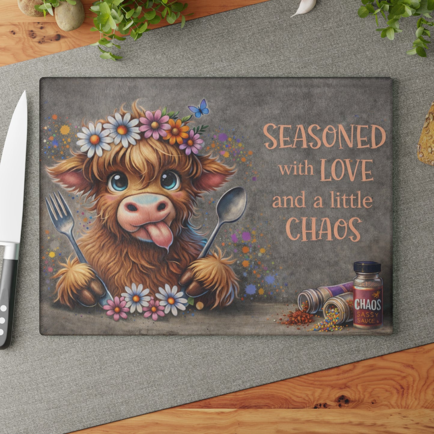 Seasoned With Love and a Little Chaos Glass Cutting Board
