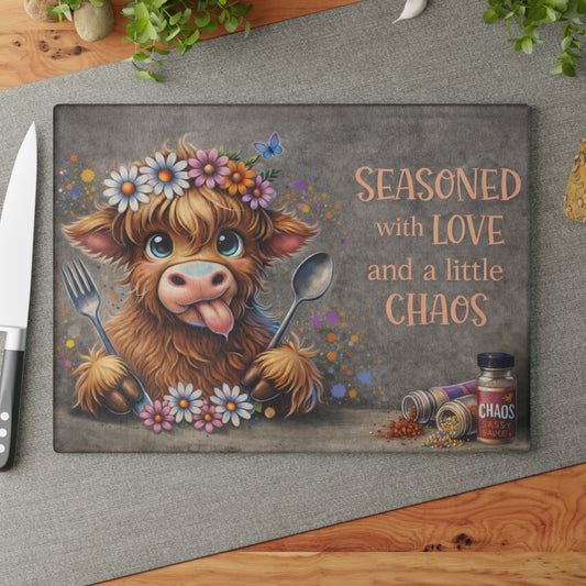 Seasoned With Love and a Little Chaos Glass Cutting Board