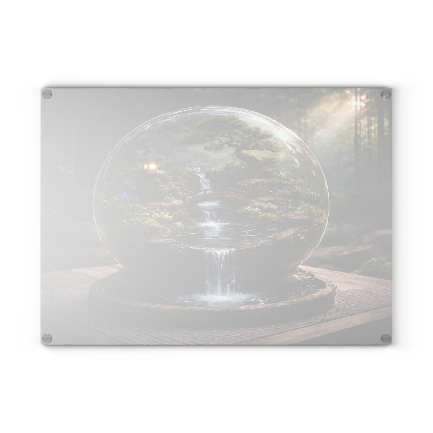Zen Garden Waterfall Globe Glass Cutting Board – Tranquil Japanese-Inspired Nature Art