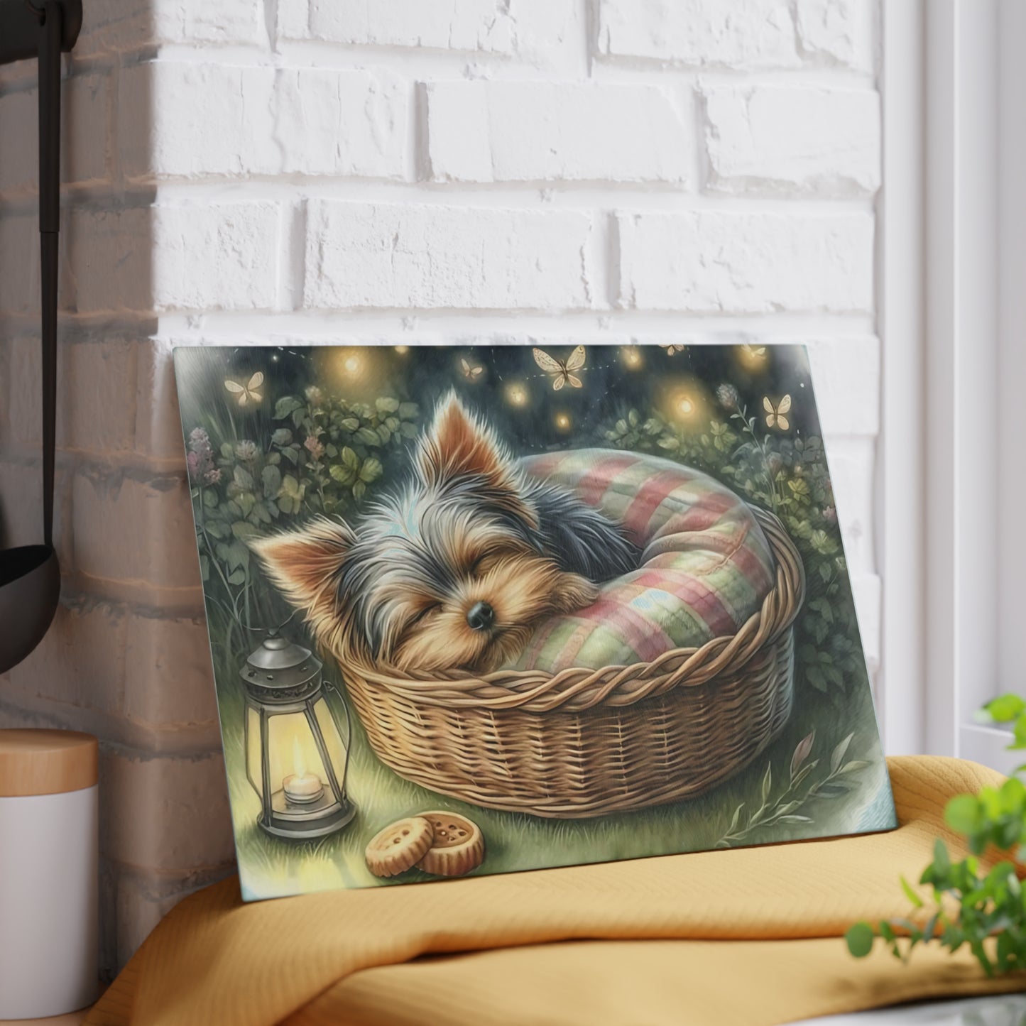 🐾✨ Sleeping Yorkie in Basket Cutting Board – Dreamy Garden Charm for Your Kitchen 🌙🕯️