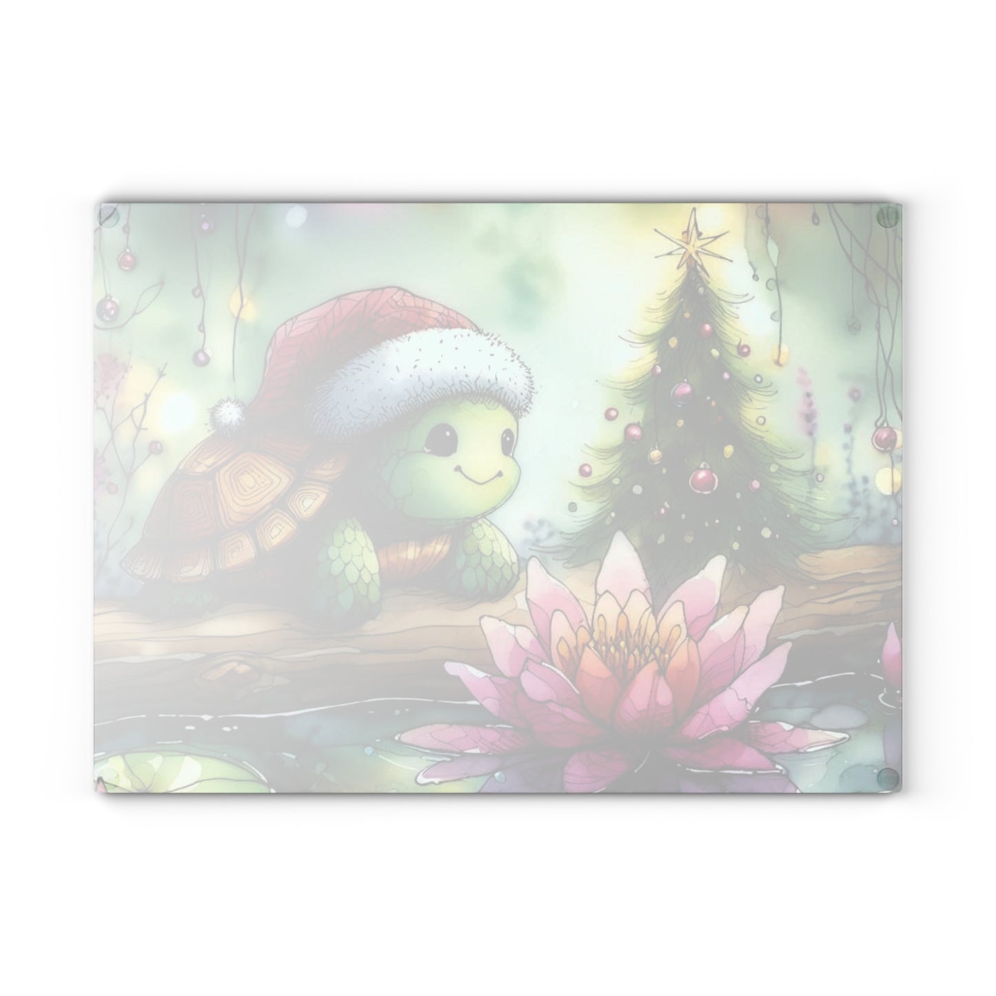 🐢🎄 Merry Little Turtle – Christmas Lotus Tempered Glass Cutting Board