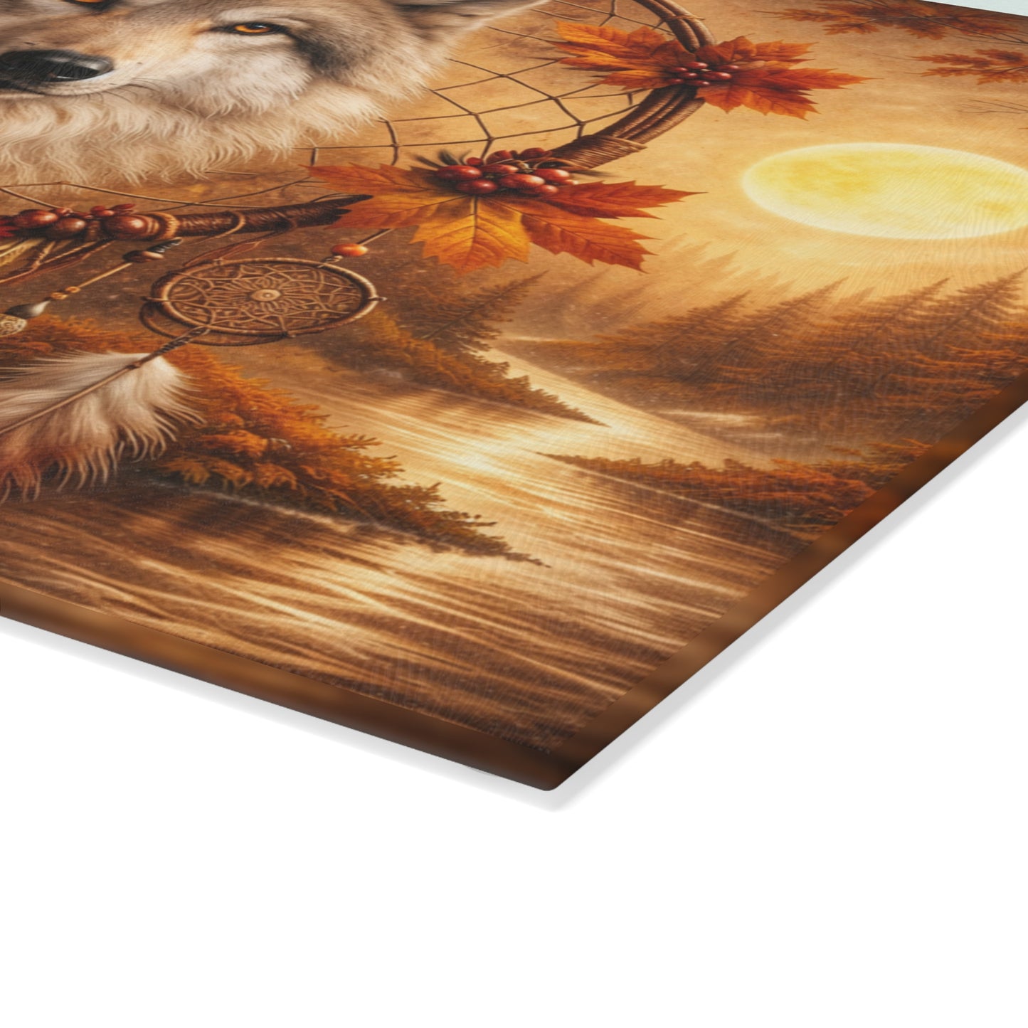 Autumn Wolf Dreamcatcher Glass Cutting Board – Rustic Woodland Wildlife Kitchen Art
