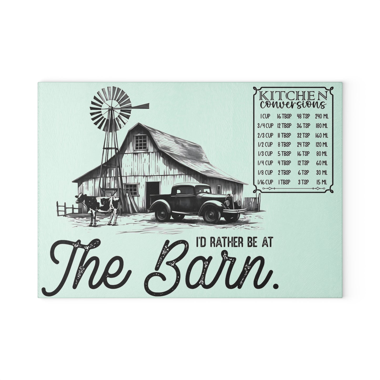 🐄 I’d Rather Be at THE BARN – Vintage Farmhouse Glass Cutting Board