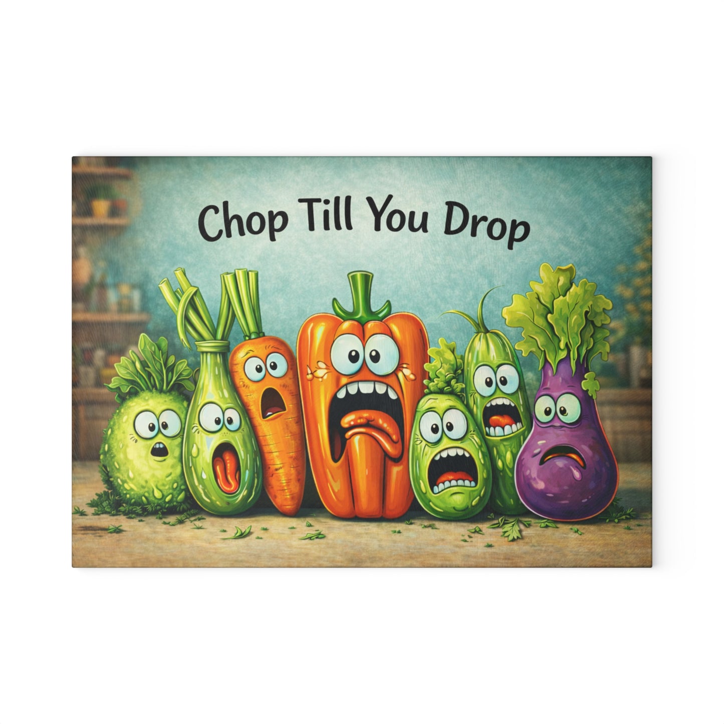 Chop Till You Drop Glass Cutting Board – Funny Vegetable Kitchen Decor with Playful Personality