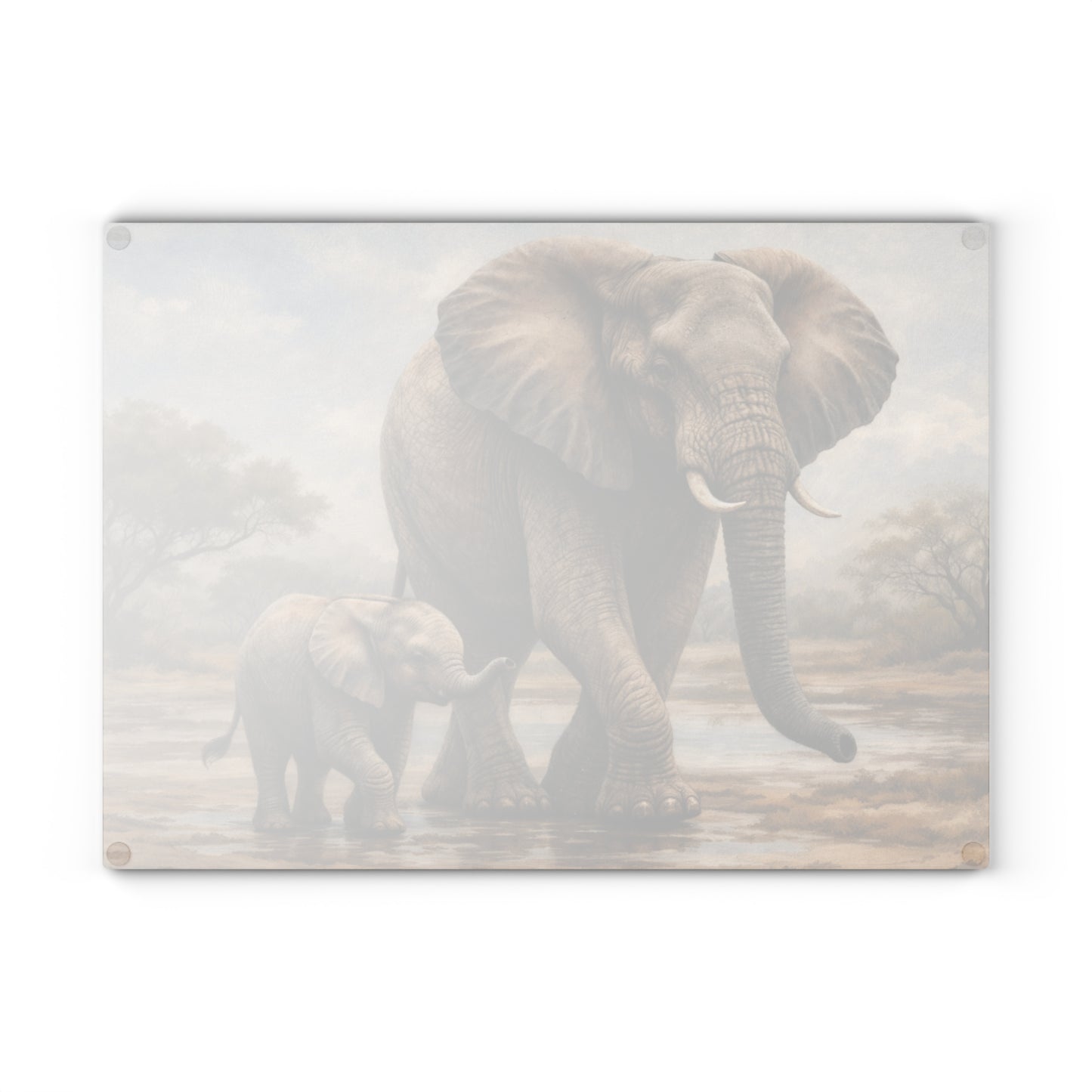 Mother and Baby Elephant Glass Cutting Board – Gentle Safari Wildlife Kitchen Art