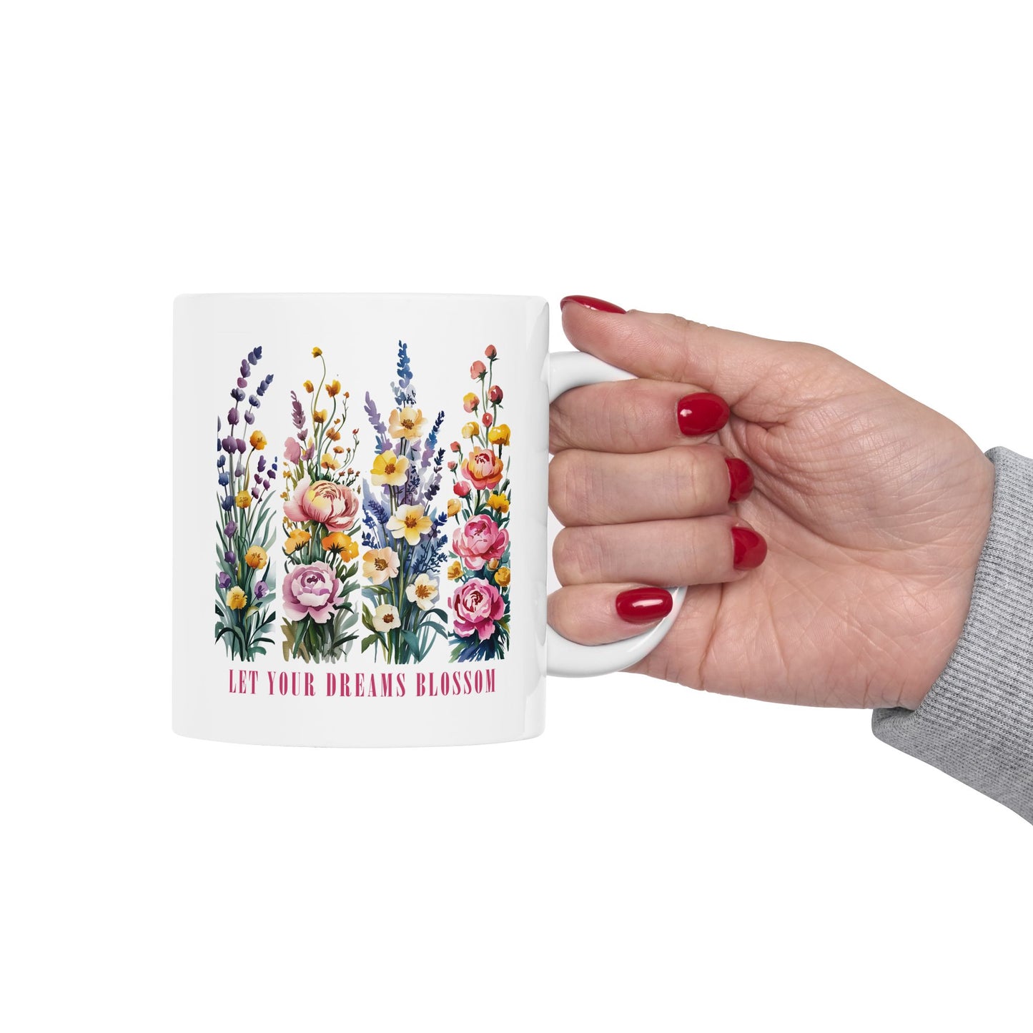 Taza floral “Deja que tus sueños florezcan”