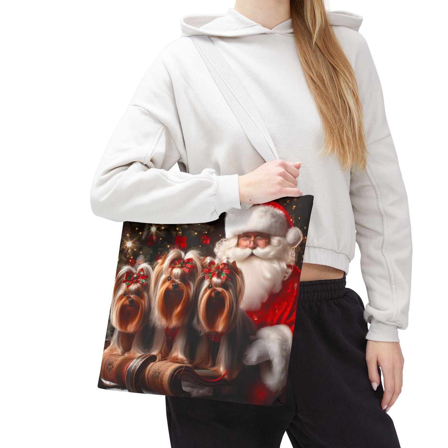 🎅 Santa & Yorkies Christmas Tote Bag – Holiday Cheer with a Furry Twist 🎄