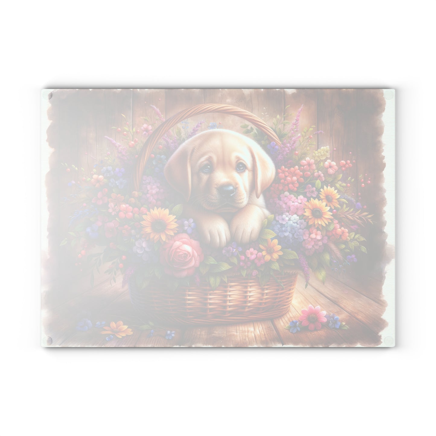 🐾 Yellow Labrador Puppy Floral Basket Cutting Board – Sweet Charm for Your Kitchen 🌸