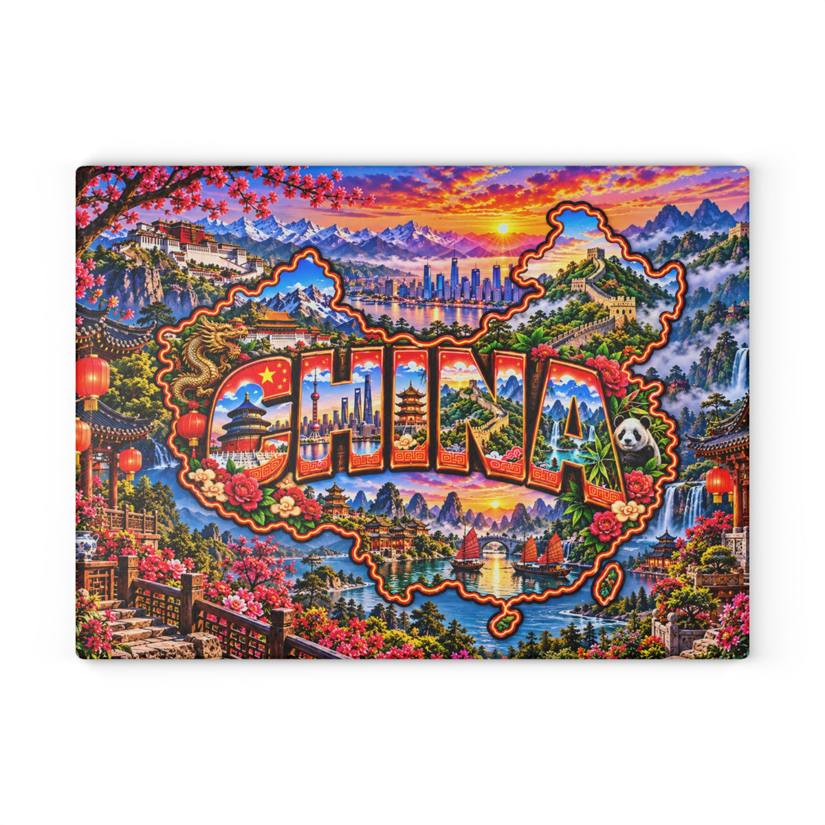 China Map Cutting Board – Great Wall, Giant Panda, Chinese Temples, Mountain Landscapes & Kitchen Décor