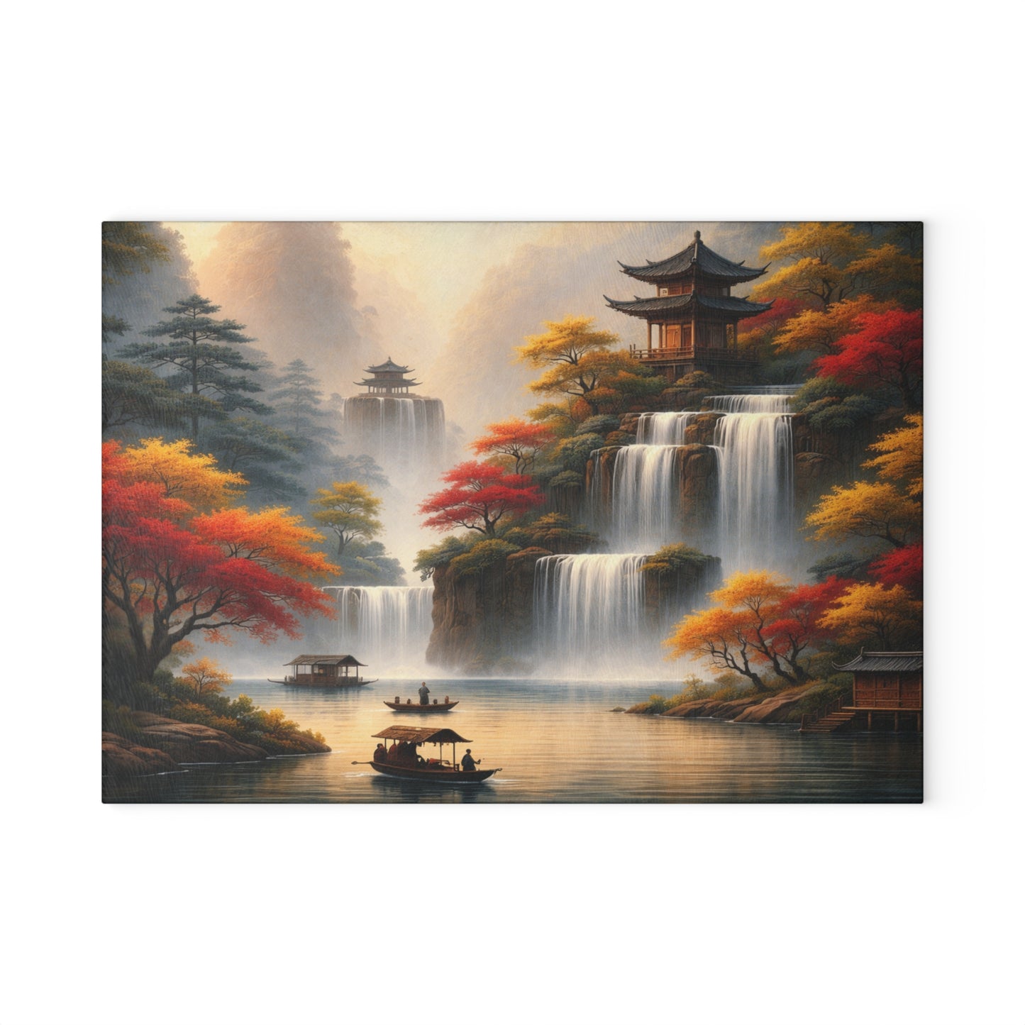 Asian Waterfall Landscape Glass Cutting Board – Serene Mountain Temple Kitchen Art
