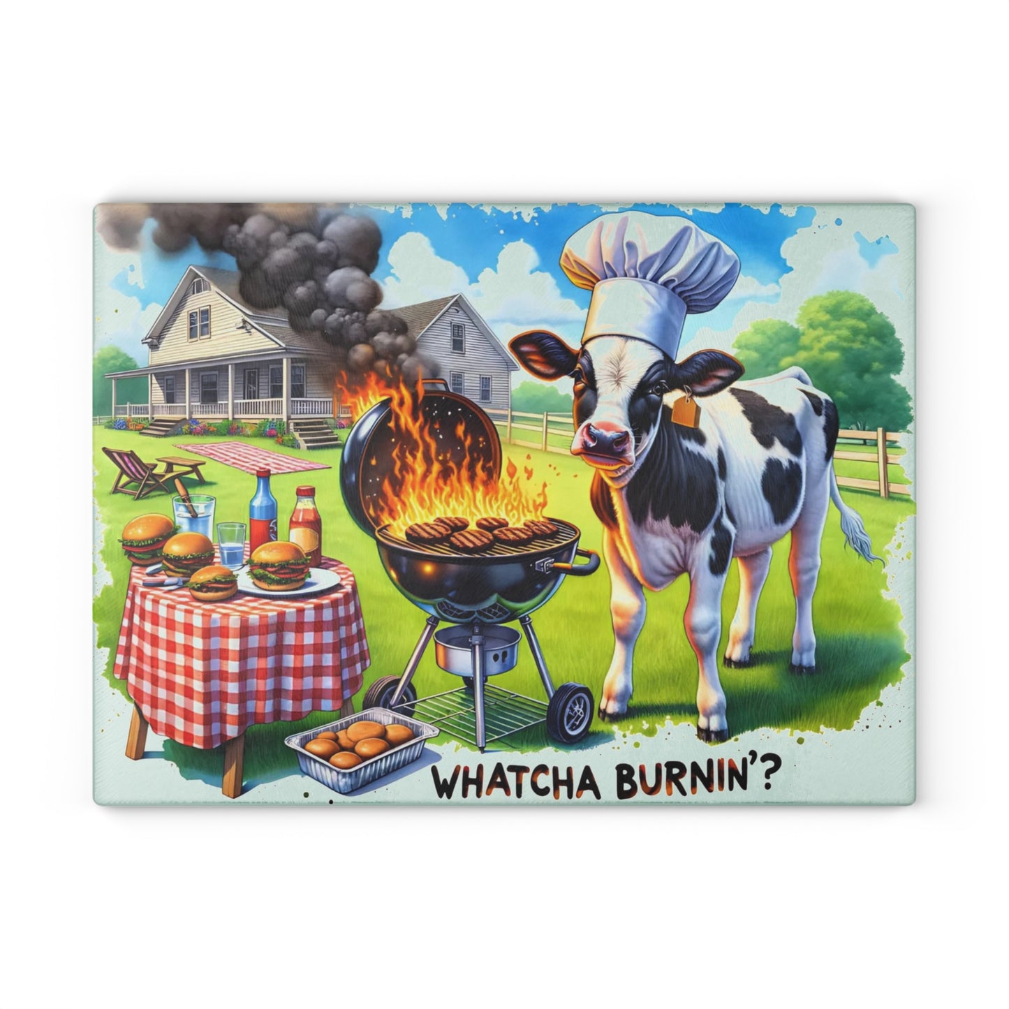 🐮🔥 “Whatcha Burnin’?” Glass Cutting Board – Cozy Charm for Your Kitchen
