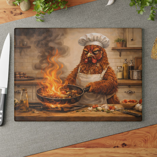 Angry Chicken Chef Glass Cutting Board – Funny Kitchen Chaos Farm Art