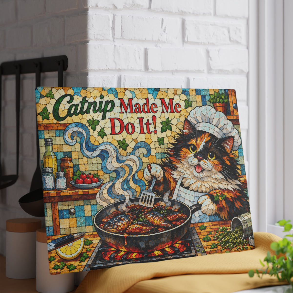 Catnip Made Me Do It! Funny Cat Stained-Glass-Inspired Glass Cutting Board