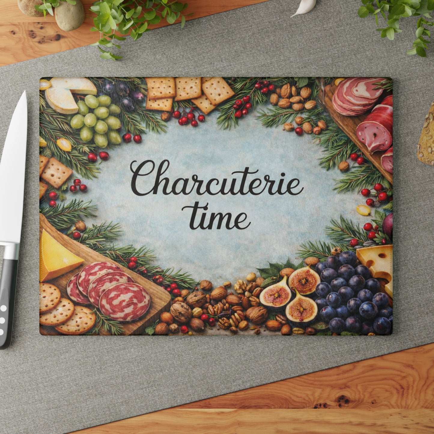 “Charcuterie Time” Festive Entertaining Glass Cutting Board – Holiday Kitchen Décor