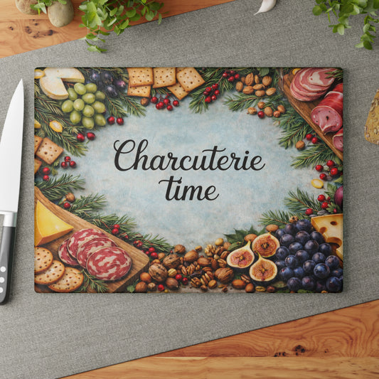 “Charcuterie Time” Festive Entertaining Glass Cutting Board – Holiday Kitchen Décor