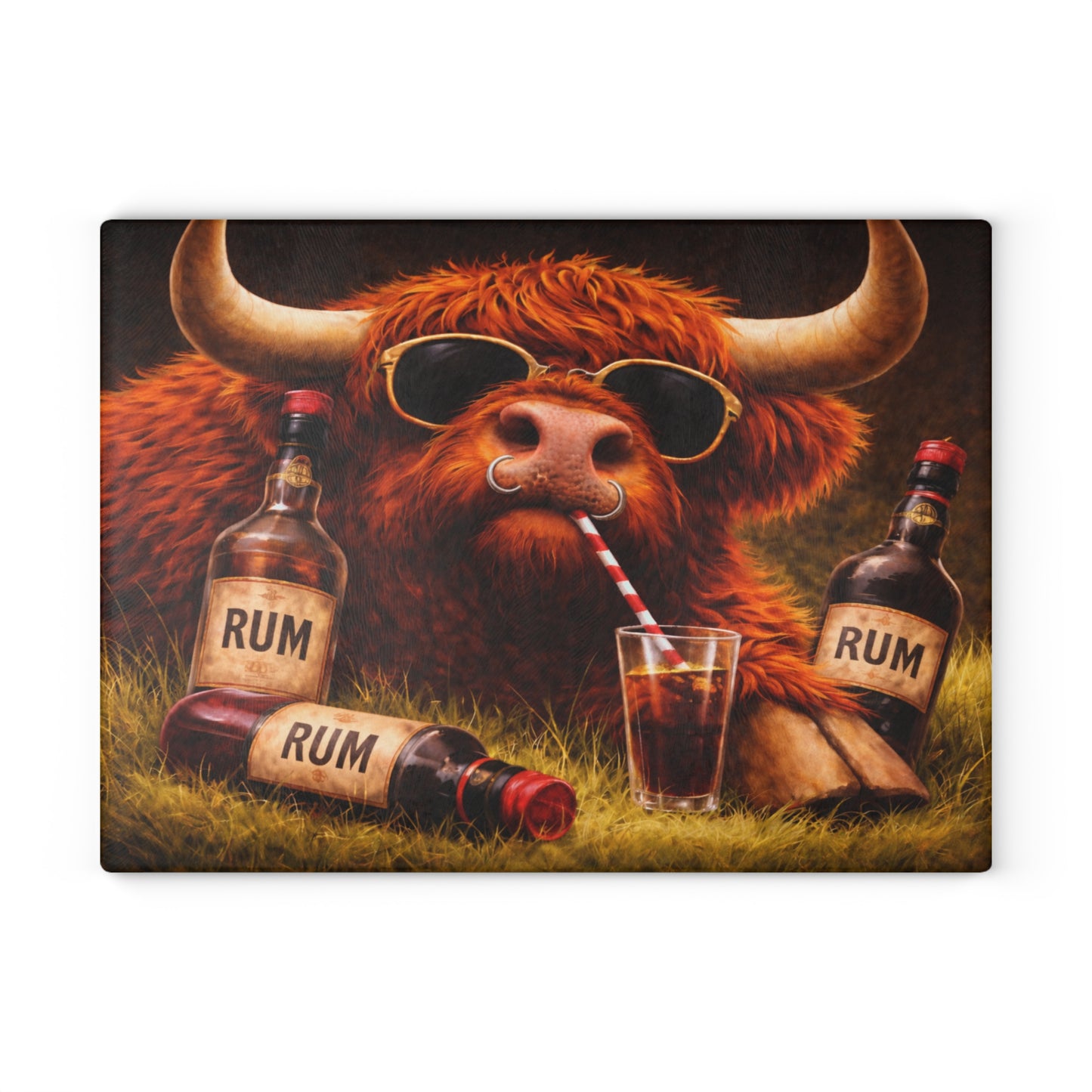 Sunglasses Highland Cow Glass Cutting Board – Bold Farm Bar Art with Playful Attitude