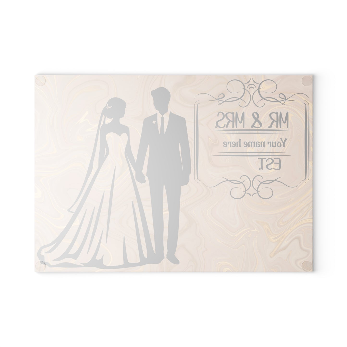 👰‍♀️ Tabla de cortar elegante con aspecto de mármol para Sr. y Sra.: regalo de boda personalizado con apellido y año